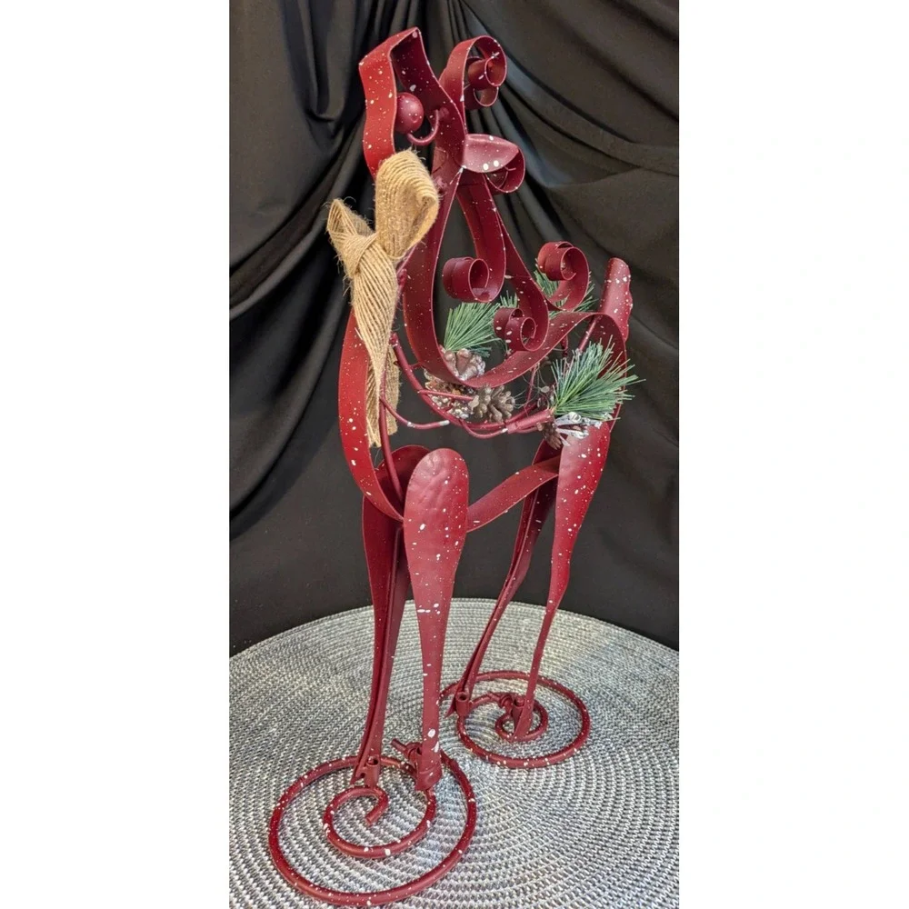 Vtg Rustic Metal Reindeer Tabletop Figurine Snow Splatter Pinecone Burlap 14